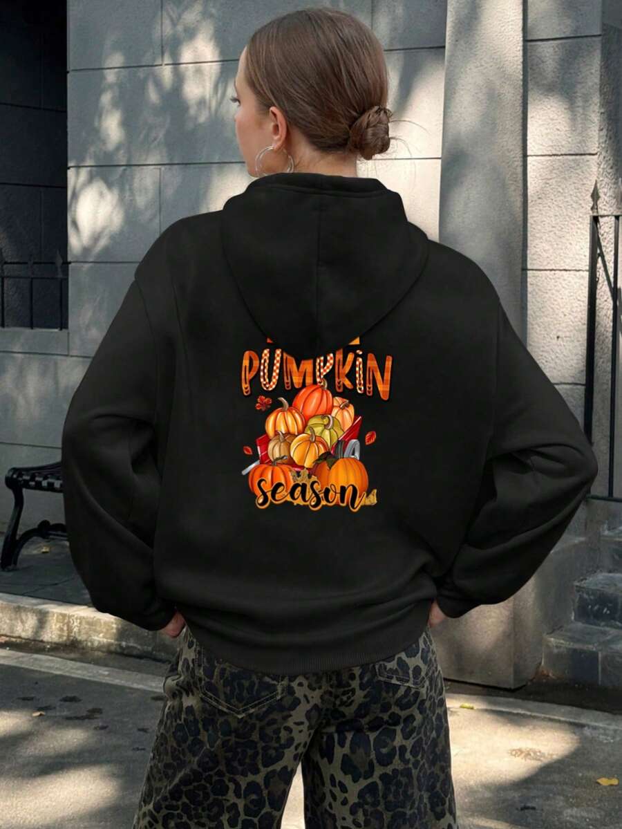 Mujer003-1 Sudadera de mujer Halloween invierno sudadera de manga larga es cómoda y suave Sudadera de capucha negra con diseño de calabazas para la temporada del calabacín, cómoda y estilo auténtico para disfrutar de la estancia fría - Negro - Ver 1