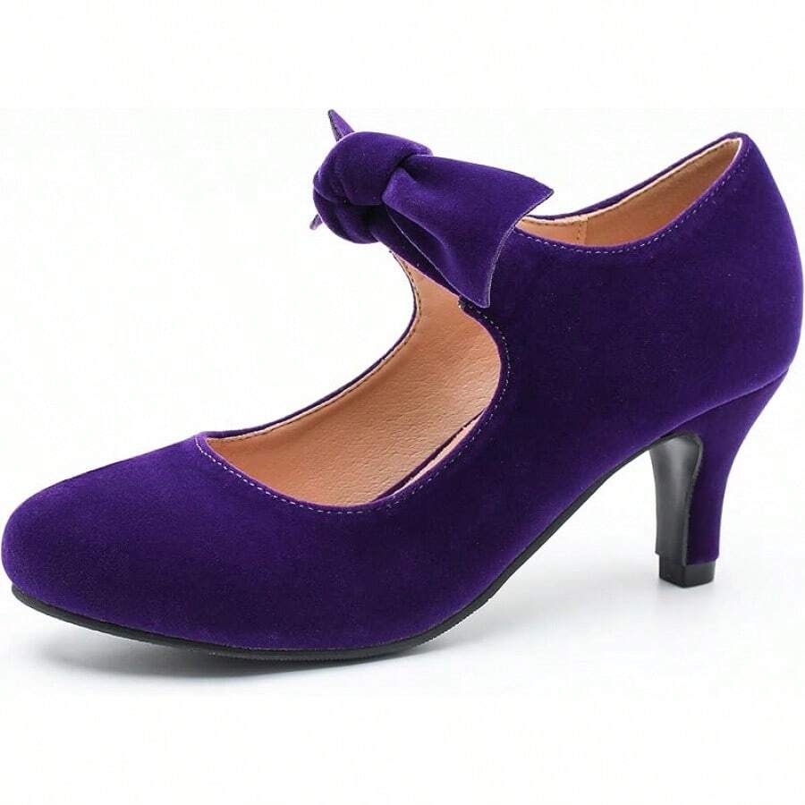 Women's Cute Bow Heels Mary Jane Kitten Heel Pumps Closed Round Toe Low Heels Ankle Strap Wedding Evening Party Dress Office Work Church Shoes-20256688 - 紫色天鵝絨 - 查看 1