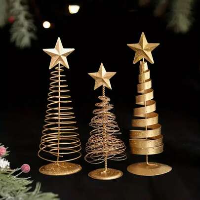 3 件金色迷你星形圣诞树 - 优雅桌面装饰，稳固底座，瓶状复古节日桌面中心摆件，适用于家居、办公室和派对 - 节日家居装饰，无需用电，圣诞装饰品，办公桌面装饰，高端工艺品，耐用铁质，最佳圣诞礼物，冬季房间装饰，圣诞装饰，家居圣诞礼物，圣诞装饰