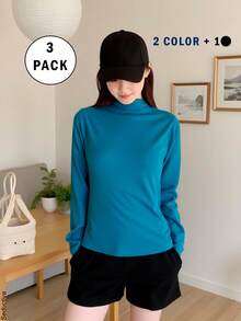 Set de 3 camisetas afelpadas para mujer, multicolor, clásicas y elegantes, colores lisos, sin estampados, tela de poliéster, con interior afelpado ligero, suave y cálido, ideales para temperadas de otoño, invierno e inicios de primavera, cuello redondo, con manga larga. Silueta ajustada para resaltar mejor tu figura. Te llagarán 3 camisetas afelpadas; 1 en color negro y 2 en color al azar. - Multicolor - Ver 4