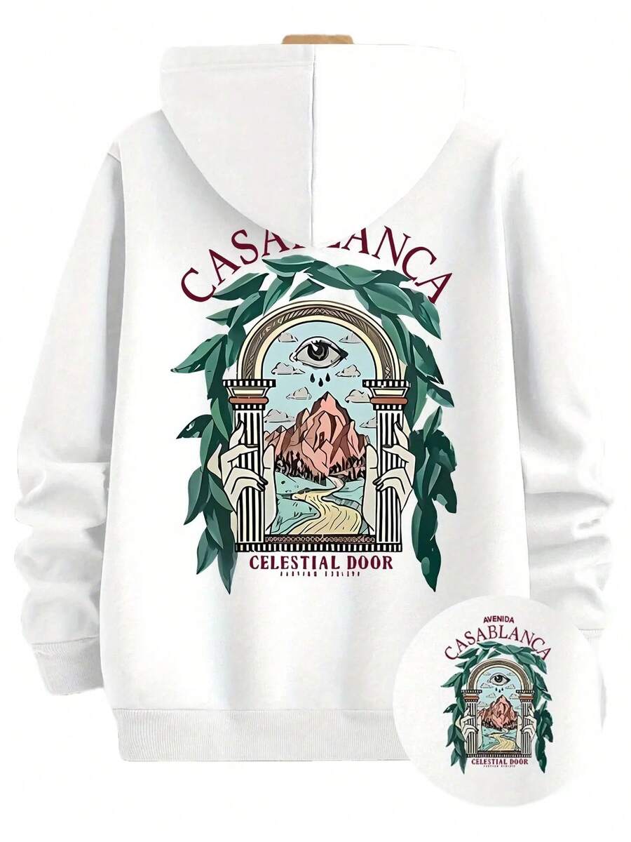 Sudadera Casual de Manga Larga para Hombre con Impresión Gráfica Única CASA BLANCA - Ropa Elegante de Otoño e Invierno, Diseño Blanco con Verde y Azul, Mezcla de Poliéster, Lavable aáquina, Ropa de Otoño e Invierno |   Sudadera con Estampado Artístico |   Ropa Casual Duradera - Blanco - Ver 1