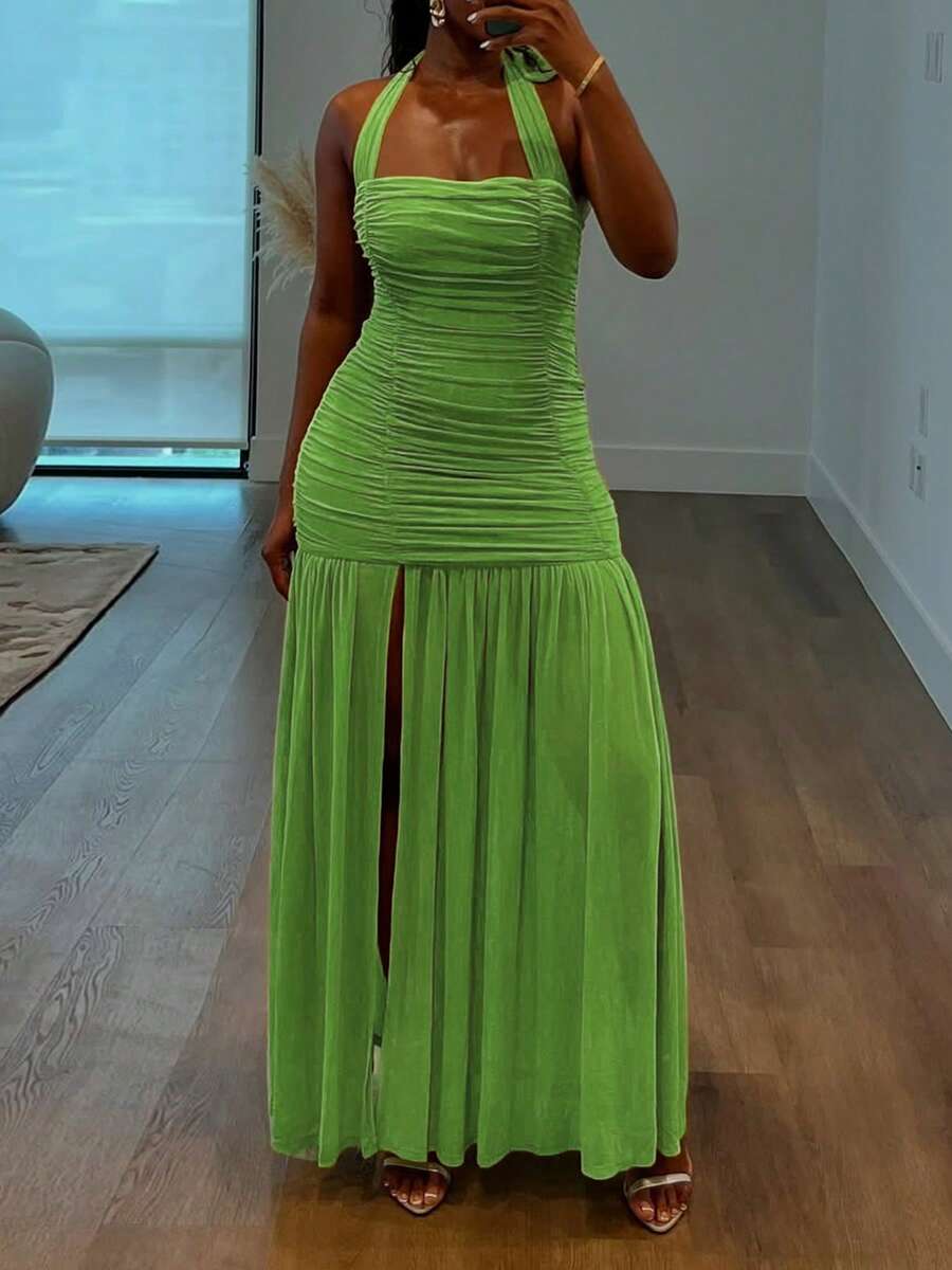 New Fashion Women's Halter Backless Ruched Patchwork Bodycon Dress - Green - View 1