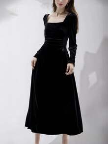 2025 新款优雅派对鸡尾酒会舞会礼服冬季方领天鹅绒连衣裙女式黑色长袖别致修身 A 字复古办公室服装约会夜礼服女式秋季长袍