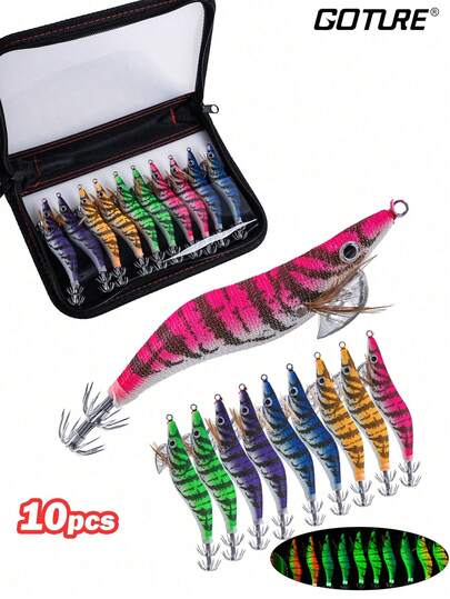  Goture 10 件装鱼饵鱼钩路亚鱼钩虾鱿鱼针渔具钩虾鱿鱼钓鱼针反光木虾声音振动球