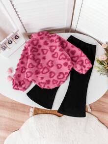 2pcs Girls Casual Outfit, Pink Heart Pattern Fluffy Half-Zip Sweater Top Paired With Black Bell-Bottom Pants, Suitable For Daily Wear