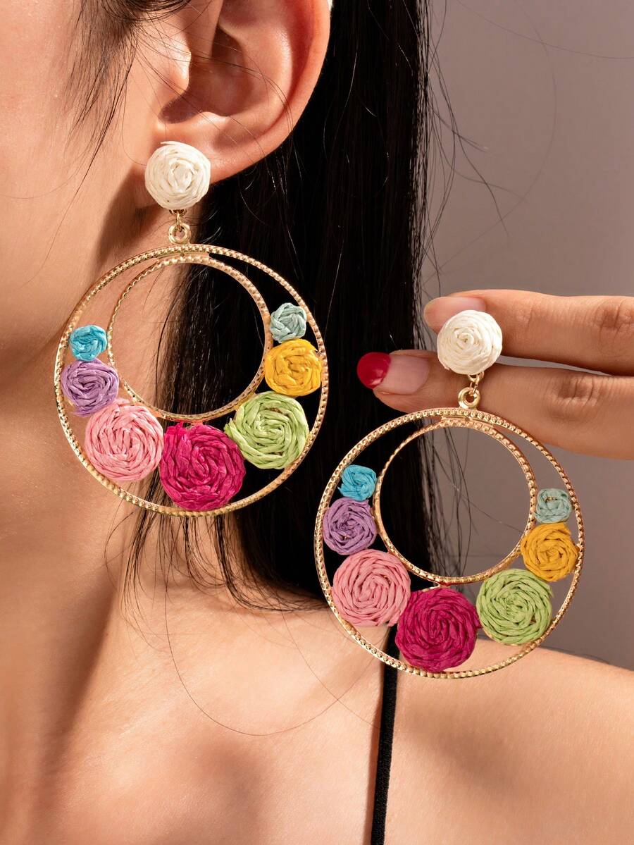 1 Pair Creative Dopamine Color Vibrant Oversized Raffia Colorful Flower Hoop Earrings