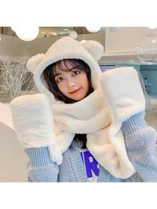 Plush Bear Ear Beanie Scarf Set, Cute Knitted Winter Hat For Women, Warm Thermal Lined Fall Valentines Gift,Beach,Travel - Multicolor - View 16