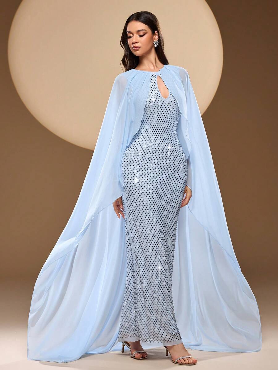 Women's Solid Color Round Neck Hollow Out Neckline, Heavily Embellished With Rhinestones, Elegant And Sophisticated, Long Sleeveless Chiffon Hooded Cape Dress, Ethereal For Formal Occasions, Banquet And Gala