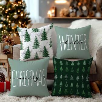 4pcs Christmas Tree Theme Pillow Cover Set, Single-Sided Printed Peach Velvet Material, 45*45/50*50/40*40CM Cushion Cover Suitable For Room Decoration, Modern Minimalist Sofa Living Room Decor, Gift, Party Decoration