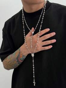 2pcs Fashionable Casual Minimalist Cross Pendant Necklace Set, Personalized Beaded Chain Y-Necklace, Suitable For Daily Wear, Party, And Holiday Gifts