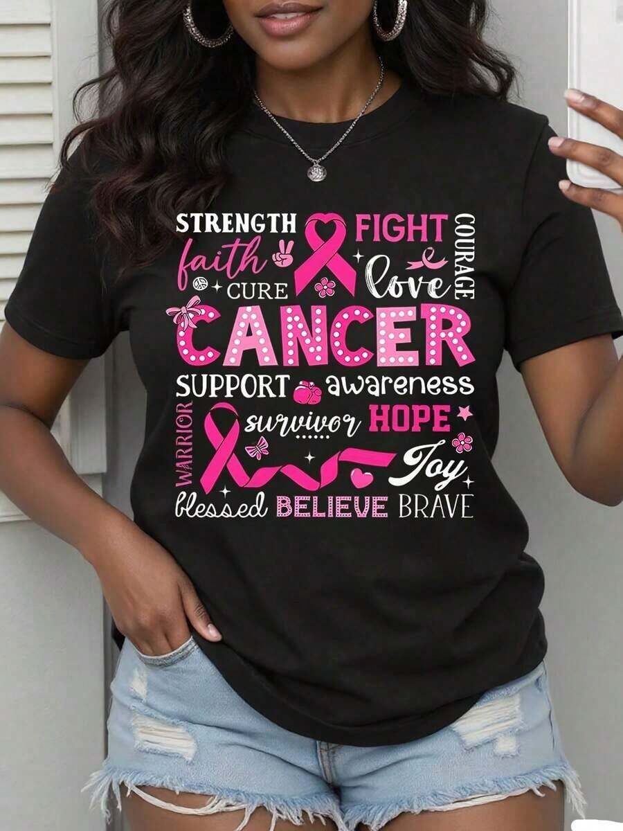Women's Pink Awareness T-Shirt - Breast Cancer Awareness Pink Ribbon Graphic T-Shirt - Short Sleeve, Crew Neck, Casual Sport Tee, Supportive Comfort, Relaxed Wear |   Geometric Design |   Smooth Texture, Breast Cancer Awareness Flyer-Unisex - 黑色 - 查看 1