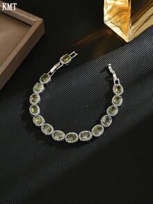 KMT 1 pièce Bracelet ovale incrusté de cubic zirconia cubique en cuivre, design luxueux et raffiné, convient pour le port lors de banquets, de fêtes et d'autres occasions nécessitant des points forts - Style ovale - Voir 7