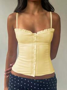 Sunny Girly Fall Women Clothes Y2k Back To School A Sexy And Pure Style Button-Down Front Button-Fitted Halter Top Romantictops Going Out Tops Women - Yellow - View 6