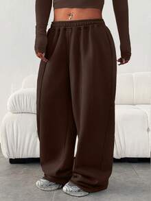 大码女式休闲宽松纯色弹力腰带口袋运动裤 冬季 - 咖啡棕 - 查看 2