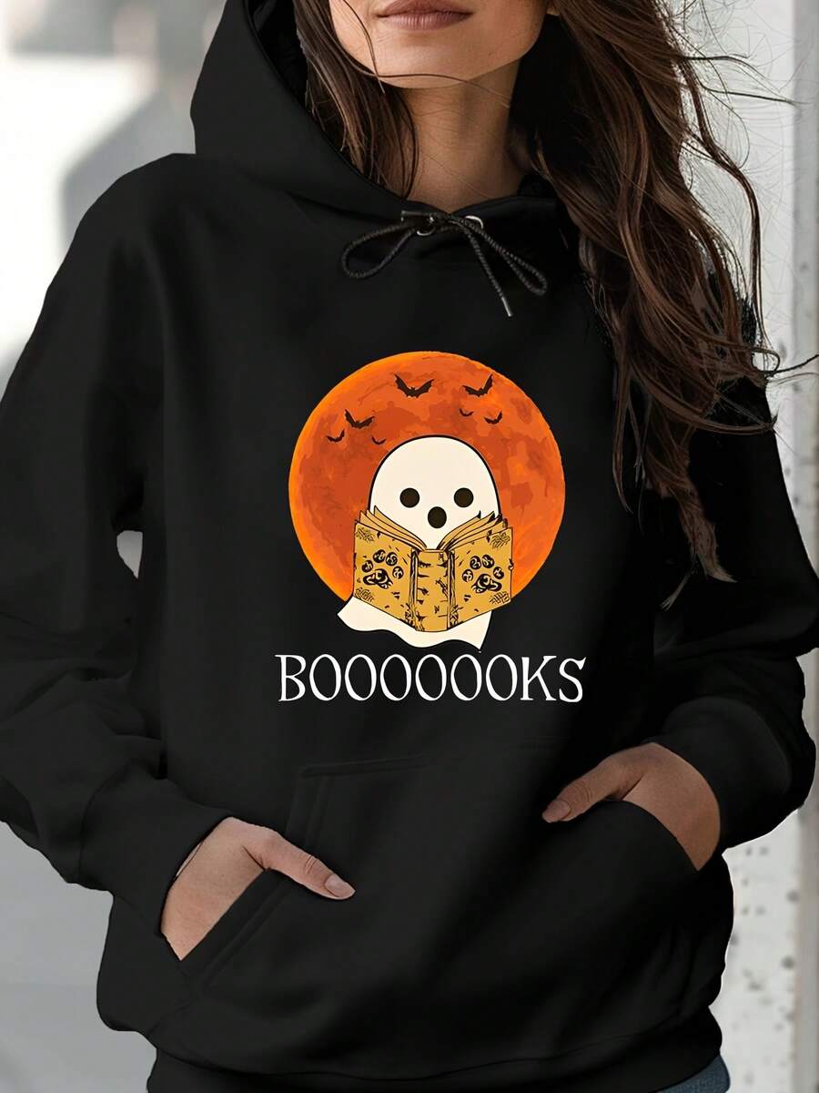 Women's Fashionable Black Hooded Sweater With Halloween Boo Books Reader Pattern Print - Warm Long-Sleeved Pullover, Casual Strap-On Hooded Sports Shirt, Suitable For All Seasons, Casual Pullover Shirt