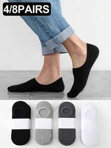 4/8 Pairs Men's Simple Solid Color Comfortable Soft Casual Business Non-Slip Low-Cut Boat Socks In Black, White, Gray