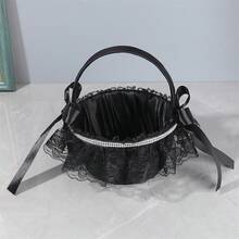 Flower Girl Satin Baskets Elegant Lace Trimmed Handle Bow Rhinestone Flower Baskets For Wedding Ceremony ﻿ - Black - View 5