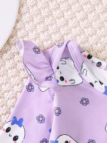 3pcs/Set Baby Girls' Halloween Ghost Print Purple Romper And Cute Ghost Face Embroidered Suspender Skirt Set, Essential Halloween Outfit - Purple - View 9