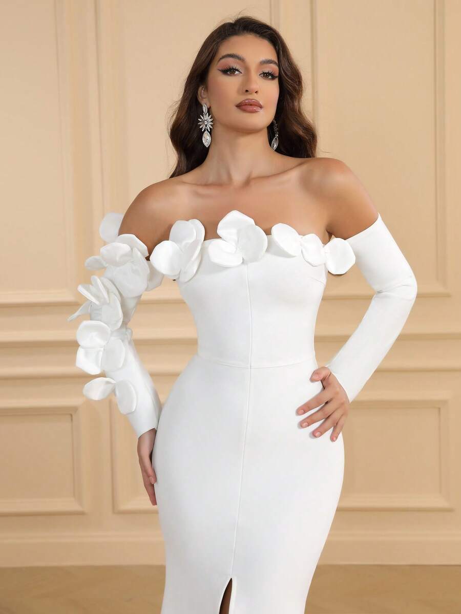 LOVE Aing 女士手工3D立体花卉时尚奢华露肩长袖开衩性感绷带鸡尾酒礼服，优雅时尚的白色正式礼服，适合婚礼宾客、生日、毕业典礼、舞会、新年、约会、派对、晚宴、正式场合、情人节等春季穿着。