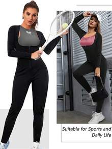 1 pieza Nuevo mono de sauna de 4 en 1 para dar forma en 2025, conjunto exclusivo de yoga para pérdida de peso de mujer: mono de una sola pieza de unicolor minimalista de cintura alta con manga larga para dar forma, pantalones ajustados de 7/8 para levantar, combinado con top de entrenamiento para quemar grasa abdominal, escultura integral de la curva en S. La fusión perfecta entre fitness atlético y moda, ¡lo que le permite emanar confianza y un encanto radiante en cada entrenamiento empapado de sudor! Moldeado extremo, ¡quema de grasa!