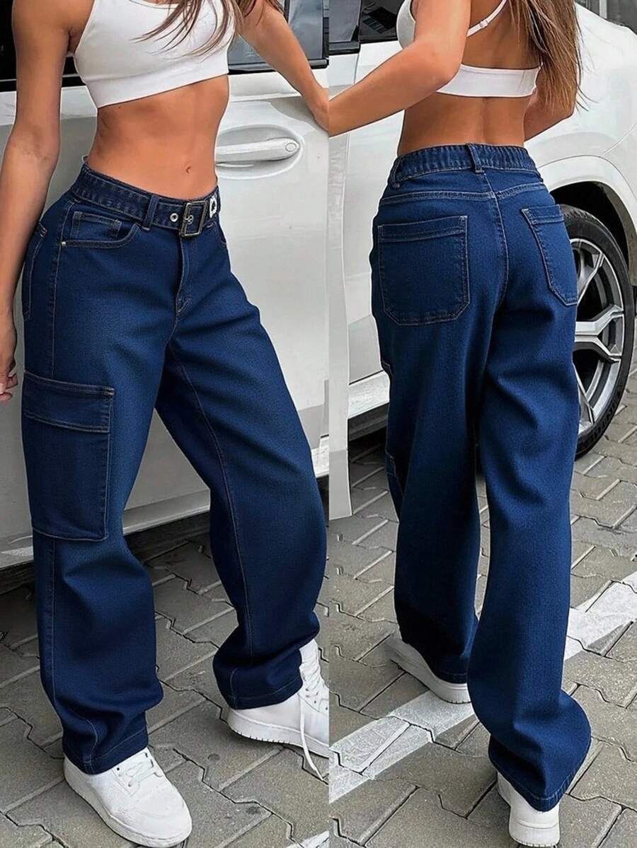 Pantalón Cargo Mezclilla Stretch Mujer Corte Wide Leg Con Cinturón - Azul lavado oscuro - Ver 1