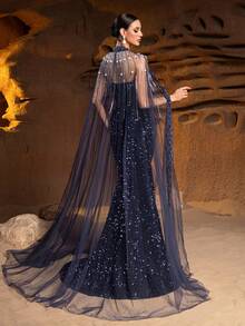 Enchanted Midnight Sapphire Sequin-Embroidered Mermaid Gown With Detachable Crystal Chain Cape & Sweetheart Illusion Neckline - Opulent Red Carpet Wedding Guest Dress, Hand-Beaded Sheer Tulle Evening Elegance For Galas