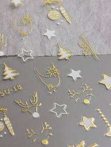 4张3D金色圣诞美甲贴纸，金属金色小鹿、小熊、雪花、星星图案，新年装饰美甲贴片 - 彩色 - 查看 9