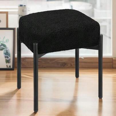 Vanity Stool Chair Faux Fur 16.3L X 12.8W X 17.3H Soft Ottoman Makeup Chair Bench Furry Padded Seat With 4 Metal Legs Footstool Multifunctional Chairs For Bedroom Living Room Black