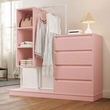 Drawer Cabinet, Wardrobe Set, Pink Wardrobe, Sideboard, Clothes Rail, Dimensions: W140/D40/H135, Pink - 1 - View 3