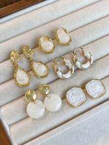 Bộ 5 đôi bông tai đính nhựa kiểu Pháp thanh lịch, màu trắng độc đáo, thời trang dành cho phụ nữ đeo hàng ngày, dự tiệc, dạ hội, tiệc tùng, lễ hội - Vàng vàng + trắng - Xem 4