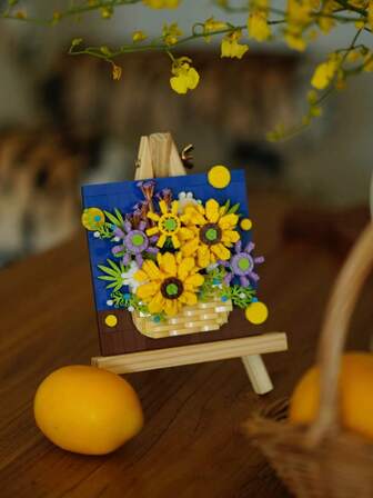 5pcs Mini Diamond Dot Painting Blocks With Wooden Easel, Plastic Flower Bricks Art Fusion Micro Building Blocks Toy Set, Suitable For Art Decor, Birthday/New Year/Valentine's Day Gifts