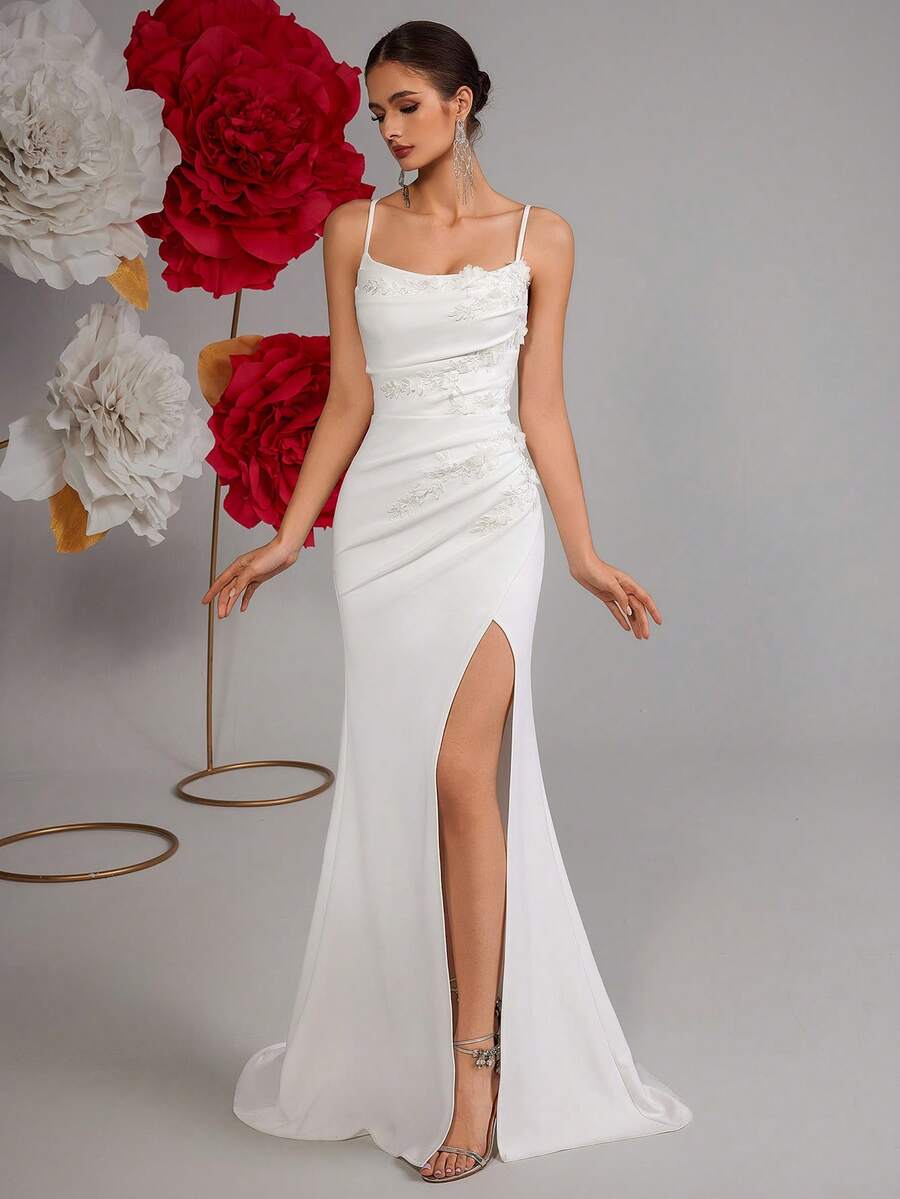 ADYCE High Waist Spaghetti Strap Long Prom Dress 3D Floral High Slit Backless Formal Gown Dress For Party, Prom, Banquet, Homecoming And Graduation - White - View 1