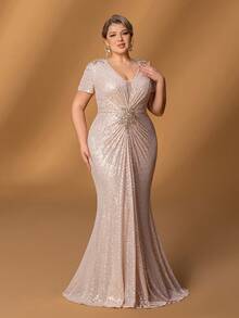 Faeriesty Mosy Plus Mother Of The Bride Dress: Elegant Shimmering Sequin Mermaid Evening Gown With Deep V-Neckline & Short Sleeve Sequin Accents – Fitted Bodice With Central Embellishment, Flared Fish-Tail Skirt For Weddings, Galas, Proms & High-End Parties