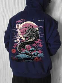 Krometka Men's Autumn/Winter Black Dragon & Cherry Blossom Print Hoodie, Unique Japanese Style - Navy Blue - View 4