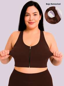 Wolfox Plus Size Fitness Tops With Zipper And Removable Pad For Gym - 鏽棕色 - 查看 3