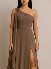 Bridesmaid Dress For Party Guests Reception Graduation Without Shine Cape Sleeve In Fluity - Cappuccino - View 2