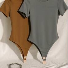 Kit 2 Women's Bodysuit Short Sleeve Elegant Suplex Bodysuit Elegant Casual Look Comfortable Bodysuit Basic And Stylish Fashion Simple Casual Fabric Simple Casual Knitted - 灰棕色 - 查看 4