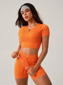 NcmRyu Women's Solid Color Yoga Set - Short Sleeve Crop Top & High Waist Compression Shorts, Ultra-Stretch Quick-Dry Skinny Fit For Summer Yoga, Gym Workouts & Training - 橘色 - 查看 6