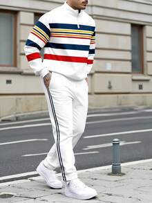 Men Casual Street Fashion Sporty Contrast Stripe Print Half-Zip Pullover Sweatshirt And Sweatpants Set, Fall Clothes - Multicolor - View 1