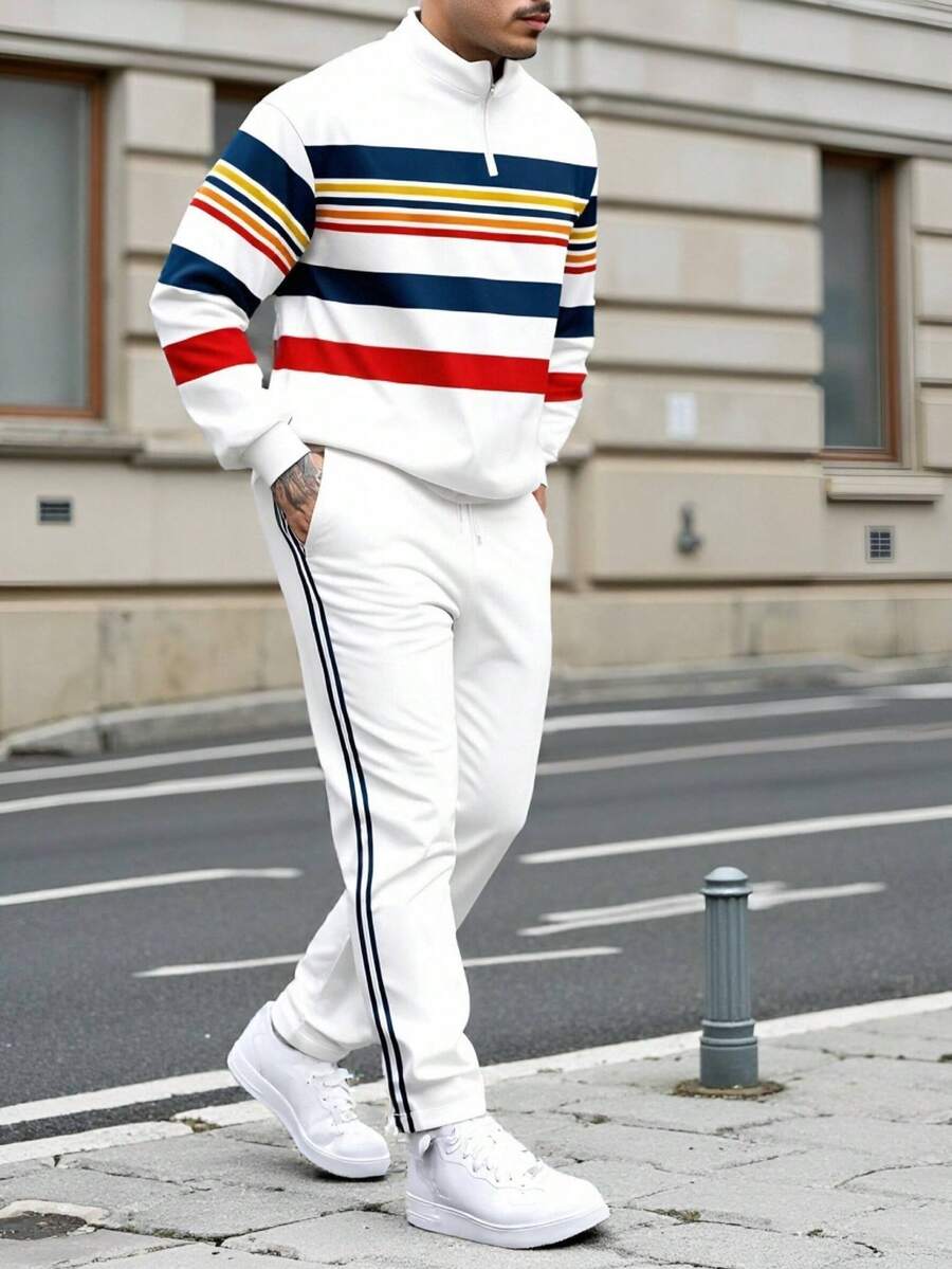 Men Casual Street Fashion Sporty Contrast Stripe Print Half-Zip Pullover Sweatshirt And Sweatpants Set, Fall Clothes - Multicolor - View 1