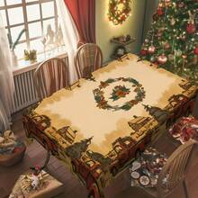 1pc Christmas Reindeer & "Merry Christmas" Printed Tablecloth, Holiday Dining Table Decor, Rectangular Polyester Material, Washable & Reusable, Suitable For Home, Restaurant, Living Room Gatherings, Christmas Theme Parties, Indoor/Outdoor Use - Multicolor - View 1