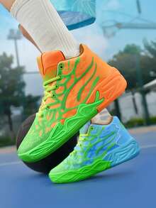 Fashionable Boys' Colorful Basketball Shoes, Outdoor Sports Casual Sneakers With Thick Soles, Multi-Color Combination - Green Blue - View 4