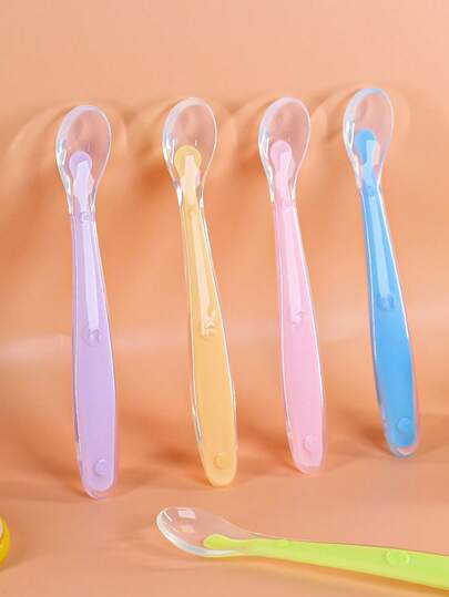 KUNT 1/2个彩色婴儿笑脸硅胶喂食勺，软头长柄训练勺