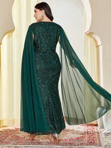 大码女式圆领全亮片刺绣无袖长裙，配长拖尾腰带，优雅紧身礼服，适合正式场合、派对、宴会 - 墨綠色 - 查看 2