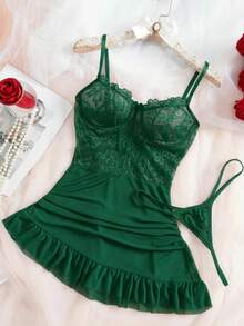 SOFUSEN 2 Pcs Women's Alluring Lace Embroidery Nightie Set - Sheer See-Through Nightgown With Thong And Underwire, Deep V Open Back, Floral Mesh & Ruffle Trim Theme, Bridal Romance And Romantic Nights,Valentine's Day - 墨綠色 - 查看 3