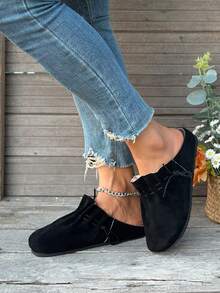 全新经典系带圆头舒适时尚休闲百搭软底平底鞋，平底鞋，秋季，穆勒鞋 - 黑色 - 查看 3