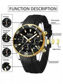 1 Đồng hồ nam BIDEN có vành lặn, chức năng bấm giờ, chống nước, thiết kế phát sáng, dây cao su, lịch ngày dạng kim thể thao thanh lịch - màu đen - Xem 5