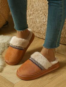 女士仿麂皮绒毛拖鞋，厚底包头拖鞋，冬季时尚户外雪地鞋，一脚蹬休闲拖鞋，带 TPR 防滑外底，适合室内外使用 - 棕色1 - 查看 2