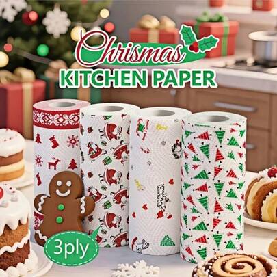 Christmas Kitchen Paper Towels - Thick 3-Ply Roll, Disposable Kitchen Cleaning Rags, Wet & Dry Use, Slouchy Cloth, Oil-Absorbing Cloth, Cleaning Cloth, Drying Cloth, Cleaning Supplies, Random Style, Christmas Household Cleaning Tools, Christmas Gift