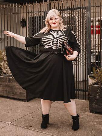 SKULL PRINT Gothic Maxi Dress - Plus Size Morticore Dress With Skeleton Floral, Tummy Control Black Dress For Curvy, Dark Academia Dress (0X-5X)